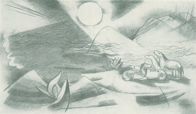 Dziewiczy krajobraz ze słońcem, górami i grupą koni autorstwa Franz Marc