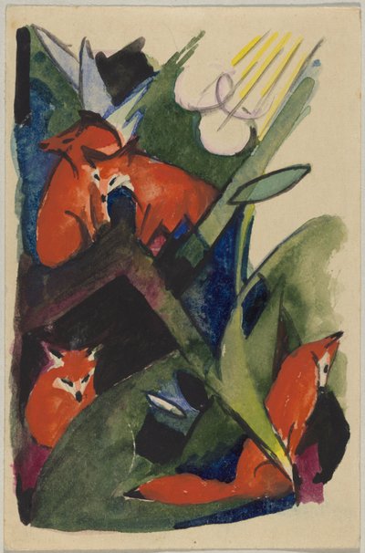 "Cztery lisy", Franz Marc z Sindelsdorf do Wassily Kandinsky w Monachium: pocztówka, data stempla pocztowego 4 lutego 1913 autorstwa Franz Marc