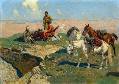 Zatrzymanie kaukaskich wojowników - Obraz Franza Roubauda (1856-1928) autorstwa Franz Roubaud