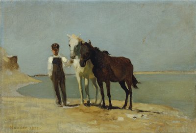 Chłopiec z końmi na plaży autorstwa Franz Rumpler