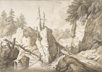 Szwajcarski krajobraz górski z małym mostem nad strumykiem, lata 1751-81. autorstwa Franz Schutz