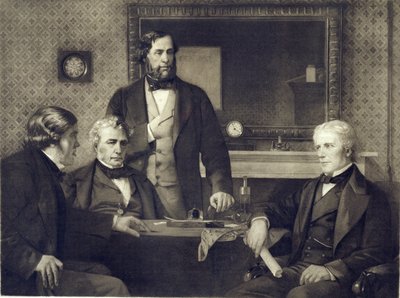 Michael Faraday (1791-1867) odrzucający prezydenturę Towarzystwa Królewskiego w 1858, po obrazie Edwarda A. Armitage