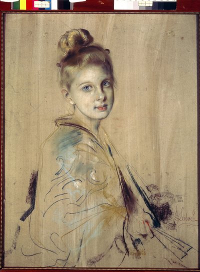 Młoda dziewczyna z wentylatorem (Dziewczyna z wentylatorem). Praca Franza von Lenbacha (1836-1904), pastel na tekturze, ok. 1880. XIX-wieczna sztuka niemiecka. Państwowej Ermitażu w Sankt Petersburgu. autorstwa Franz Seraph von Lenbach