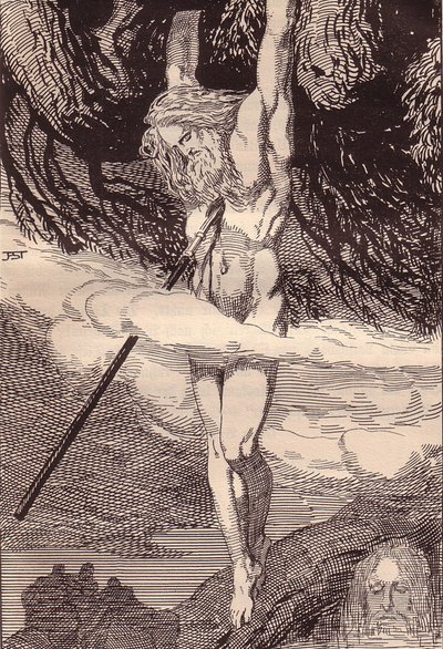 Odyn wiszący na Drzewie Świata. Ilustracja do Eddy: Germańscy bogowie i bohaterowie Hansa von Wo autorstwa Franz Stassen