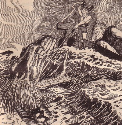 Thor i Hymir Fishing. Ilustracja do Eddy: Germańscy bogowie i bohaterowie autorstwa Hansa von Wolzogen autorstwa Franz Stassen