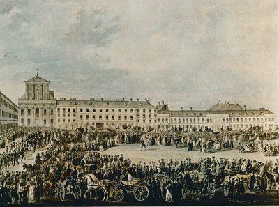 Kondukt pogrzebowy Ludwiga van Beethovena w 1827 roku z Schwarzspanierhaus do kościoła Świętej Trójcy na Alsergasse w Wiedniu (akwarela) autorstwa Franz Stober