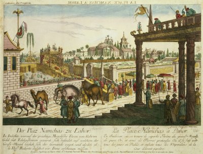 Namchas Place w Lahore, przedstawiający złoty tron Wielkiego Mogoła, Pakistan (akwatinta) autorstwa Franz Xaver Habermann