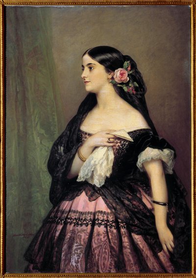 Adelina Patti. Portret śpiewaczki Adeliny Patti (1843-1919), hiszpańskiej sopranistki, interpretującej rolę Rosine w „Cyruliku sewilskim” Gioacchino Rossiniego. Obraz Xavera Winterhaltera (1806-1873) autorstwa Franz Xaver Winterhalter