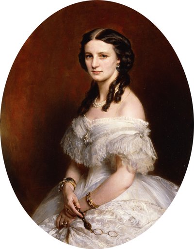 Portret damy, pół długości, w białej sukni i trzymającej parę lunet, autorstwa Franz Xaver Winterhalter