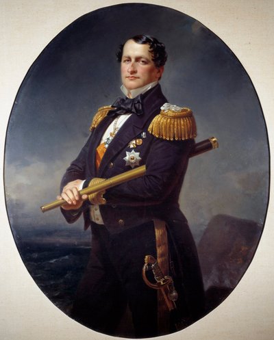 Portret admirała Admirał marynarki z długim widokiem, z tyłu morski krajobraz. Obraz Xavera Winterhaltera (1806-1873) Brześć z XIX wieku, Muzeum Sztuk Pięknych autorstwa Franz Xaver Winterhalter