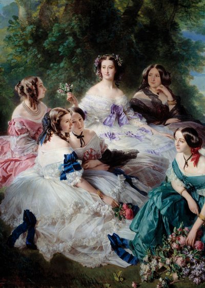 Impress Eugenie (1826-1920) z 1855 r. otacza damy honoru z Pałacu Detalów, reprezentujące księżniczkę Essling, baronową kamieni, wicehrabinę Lezay-Marnezję, cesarza na szczycie w bieli i markizę Montebello na ten autorstwa Franz Xaver Winterhalter