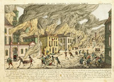 Widok Nowego Jorku podczas wielkiego pożaru w 1776 r.; Representation du Fue Terrible a Nouvelle York, 1780 autorstwa Franz Xaver Habermann