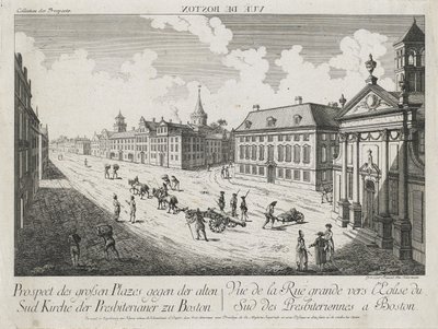 Vue d’Optique/Prospect des grossen Plazes gegen der Alten Sud Kirche der Presbiterianer zu Boston (Widok optyczny/widok na duże kwadraty w kierunku kościoła Old South Presbyterian Church w Bostonie), c. 1776 (akwaforta i grawer, bezbarwna na papierze wykła autorstwa Franz Xavier Habermann