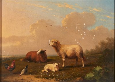 Owce i kurczaki na łące (olej na panelu) autorstwa Franz van Severdonck