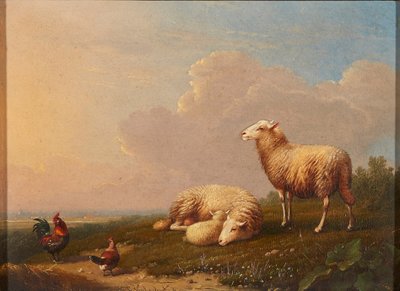 Owce i kurczaki na łące (olej na panelu) autorstwa Franz van Severdonck