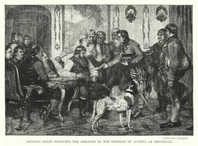 Andreas Hofer odbierający prezenty od cesarza Austrii w Innsbrucku (rycina) autorstwa Franz von (after) Defregger
