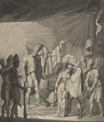 Król Słońca namaszczający związaną parę, z Die Sonnenjungfrau Augusta von Kotzebue, XIX w. autorstwa Franz von Hauslab