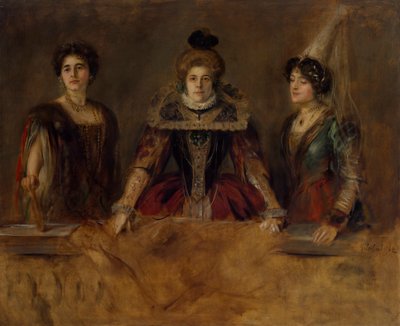 Portret grupowy: trzy panie w kostiumach (panna Heuberger, pani Obermayer i pani Putz) autorstwa Franz von Lenbach