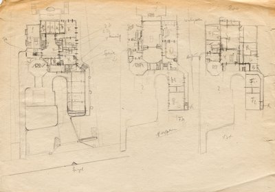 Szkice projektowe dla Willi Matcha Atelier - rzut trzech kondygnacji autorstwa Franz von Matsch