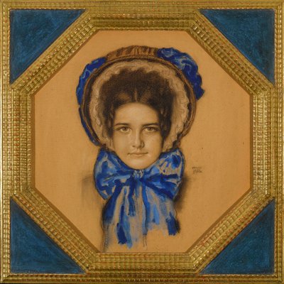 Marie avec un chapeau (typ capot) - Córka Maria z czepcem Poke - Franz-Ritter (Franz Ritter) von Stuck (1863-1928). Gwasz, pastel i węgiel na kartonie Wymiar : 55x49,3 cm Kolekcja prywatna autorstwa Franz von Stuck