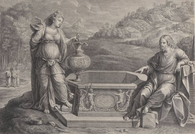 Chrystus siedzący po prawej i kobieta z Samarii, stojąca po lewej, ok. godz. 1729. autorstwa Frédéric Horthemels
