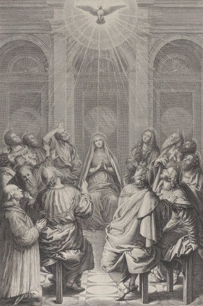 Pięćdziesiątnica, z Apostołami i Dziewicą siedzącymi w kręgu, Duch Święty ok..., 1729-40. autorstwa Frédéric Horthemels