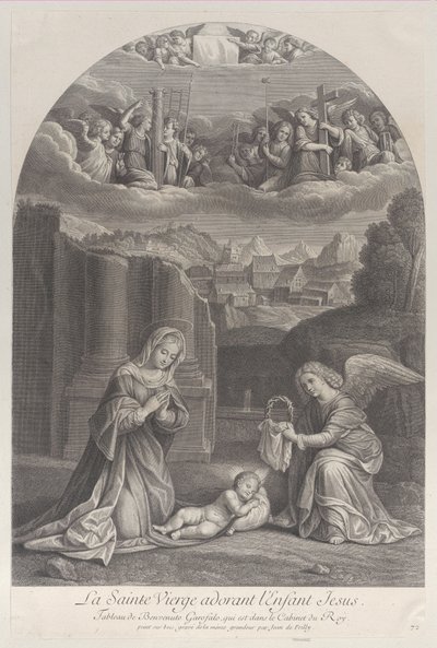 Matka Boska adorująca Dzieciątko Jezus, anioł trzymający po prawej koronę cierniową,..., ok. godz. 1729. autorstwa Frédéric Horthemels