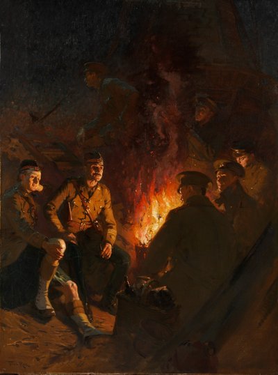 Gdzieś na froncie żołnierze wokół ogniska nocą, Front Zachodni autorstwa Fred Roe