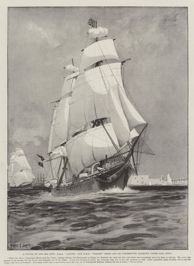 Dotyk starego morskiego życia, HMS Active i HMS Volage wypływają z Portsmouth tylko pod żaglami autorstwa Fred T. Jane