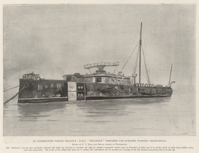 Przerwana praktyka celownicza, HMS Belleisle przygotowywał się do dalszych eksperymentów artyleryjskich autorstwa Fred T. Jane