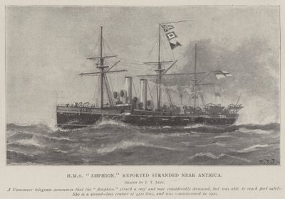 HMS Amphion, zgłoszony na mieliźnie w pobliżu Antigua autorstwa Fred T. Jane