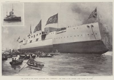Wystrzelenie naszego największego pancernika, HMS Formidable, statku, który pojawił się po opuszczeniu Ways autorstwa Fred T. Jane