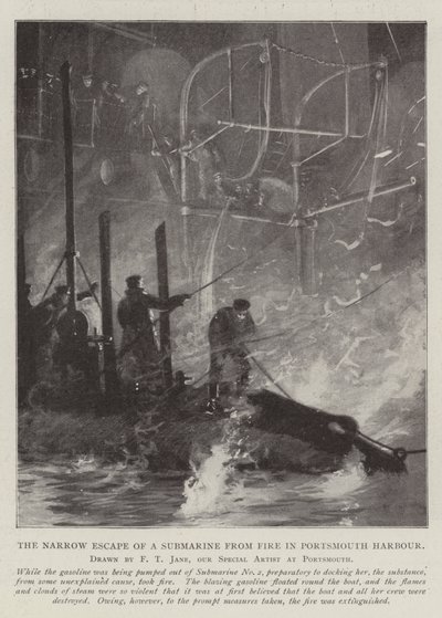 Wąska ucieczka łodzi podwodnej przed ogniem w porcie Portsmouth autorstwa Fred T. Jane