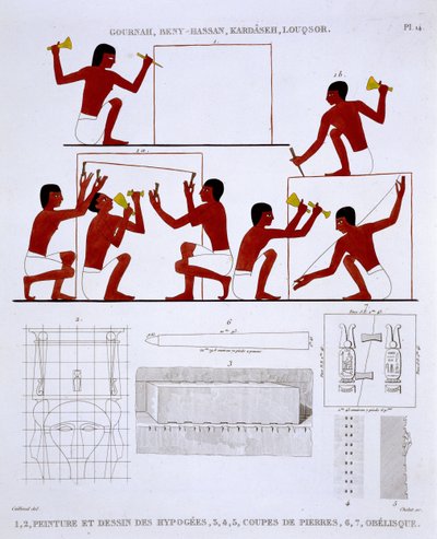 Stonemasons at Work, from a Rare Record of Frescoes from Thebes, nagrany w latach 1819-1822 podczas jego drugiej wizyty w Egipcie przez Frederica Cailliauda (1787-1869), litografia kolorowa autorstwa Frederic (after) Cailliaud