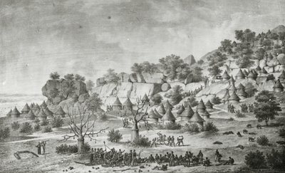 Widok wioski na północ od Agady na ziemiach ludu Bertat, z perspektywy południowej, z "Voyage a Meroe: au fleuve Blanc, au-dela de Fazoqldans le midi du royaume de Snnar a Syouah", druk wykonany przez G. Engelmanna, opublikowany w 1827 r. (litografia) autorstwa Frederic (after) Cailliaud