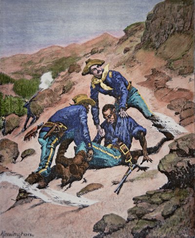 Ratunek kaprala Scotta podczas kampanii Geronimo 1886 (kolorowe grawerowanie) autorstwa Frederic (after) Remington
