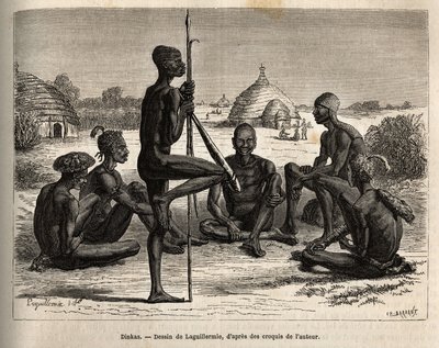 Dinkas ze wsi Koudj (Senegal), którego ciało pokryte popiołem, aby chronić je przed owadami i pasożytami, jest również cechą kosmetyczną i społeczną, wyrytą według rysunku Laguillermie, ilustrującego podróż do serca Afryki w latach 1868-1871 autorstwa Frederic Auguste Laguillermie