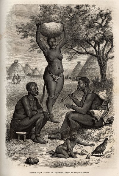Rodzaje i działalność kobiet Bongos (Sudan Środkowy), z metalowymi zdobieniami, dzwoneczkami i zszywkami zakładanymi na uszy i usta, grawerowane według rysunku Laguillermie, ilustrującego podróż do serca Afryki w latach 1868-1871, autorstwa dr. Jerzy autorstwa Frederic Auguste Laguillermie