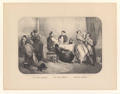Grupa kobiet i mężczyzn we wnętrzu Les maris garçons / Die freien Männer / Bachelor hubants (tytuł na obiekcie) autorstwa Frederic Charles Wentzel (possibly)