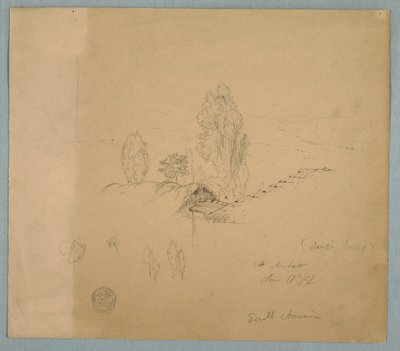 Rysunek, dach kryty strzechą i dachówką z wierzchołkami drzew w górskim krajobrazie w pobliżu Chimborazo, Ambato, Ekwador, 17 czerwca 1857 r. autorstwa Frederic Edwin Church