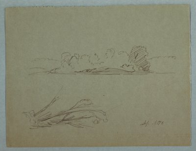 Rysunek, Szkice botaniczne: krajobraz, drzewa na brzegu, wrzesień 1876 r. autorstwa Frederic Edwin Church