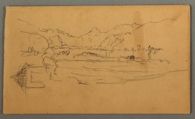 Rysunek, szeroka dolina, szopa, St. Gilgen, Austria, prawdopodobnie 1868 r. autorstwa Frederic Edwin Church