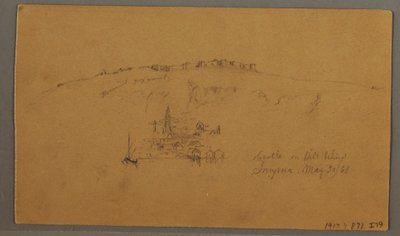Rysunek, zamek, minaret, żaglówki, dom, maj 1868 r. autorstwa Frederic Edwin Church
