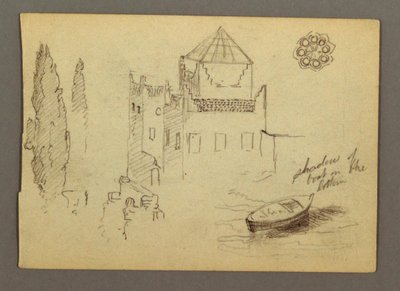 Rysunek, Zamek nad wodą, łódź, drzewa, prawdopodobnie 1868 r. autorstwa Frederic Edwin Church