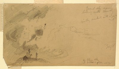 Rysunek, Pochmurne wieczorne niebo nad pasmem wzgórz, lipiec 1866 r. autorstwa Frederic Edwin Church