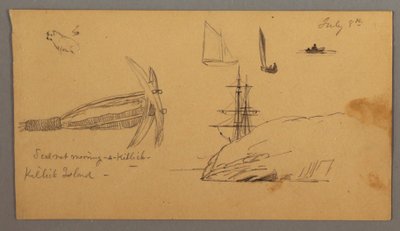Rysunek, pies, żaglówka, kotwica, klify, prawdopodobnie 8 lipca 1859 r. autorstwa Frederic Edwin Church