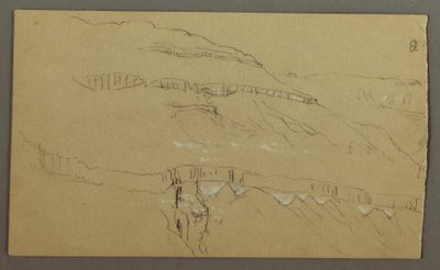Rysunek, dolina El Yemen, Arabia: Skalna ściana z górną częścią przypominającą rząd kolumn, 20 lutego 1868 r. autorstwa Frederic Edwin Church