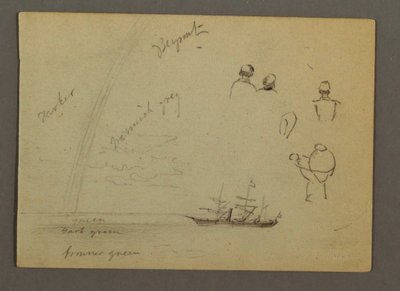 Rysunek, studium postaci, żaglowiec, tęcza, prawdopodobnie 1868 r. autorstwa Frederic Edwin Church
