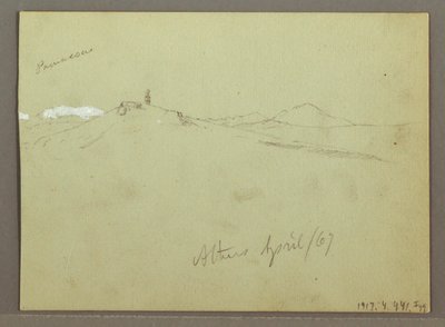Rysunek, Stado owiec i pasterz, ośnieżone pasma górskie, kwiecień 1869 r. autorstwa Frederic Edwin Church