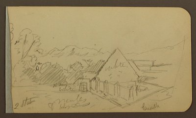 Rysunek, ogród, dom, Cuautla; Verso: kościół, stodoła, Cuautla, luty 1885 r. autorstwa Frederic Edwin Church